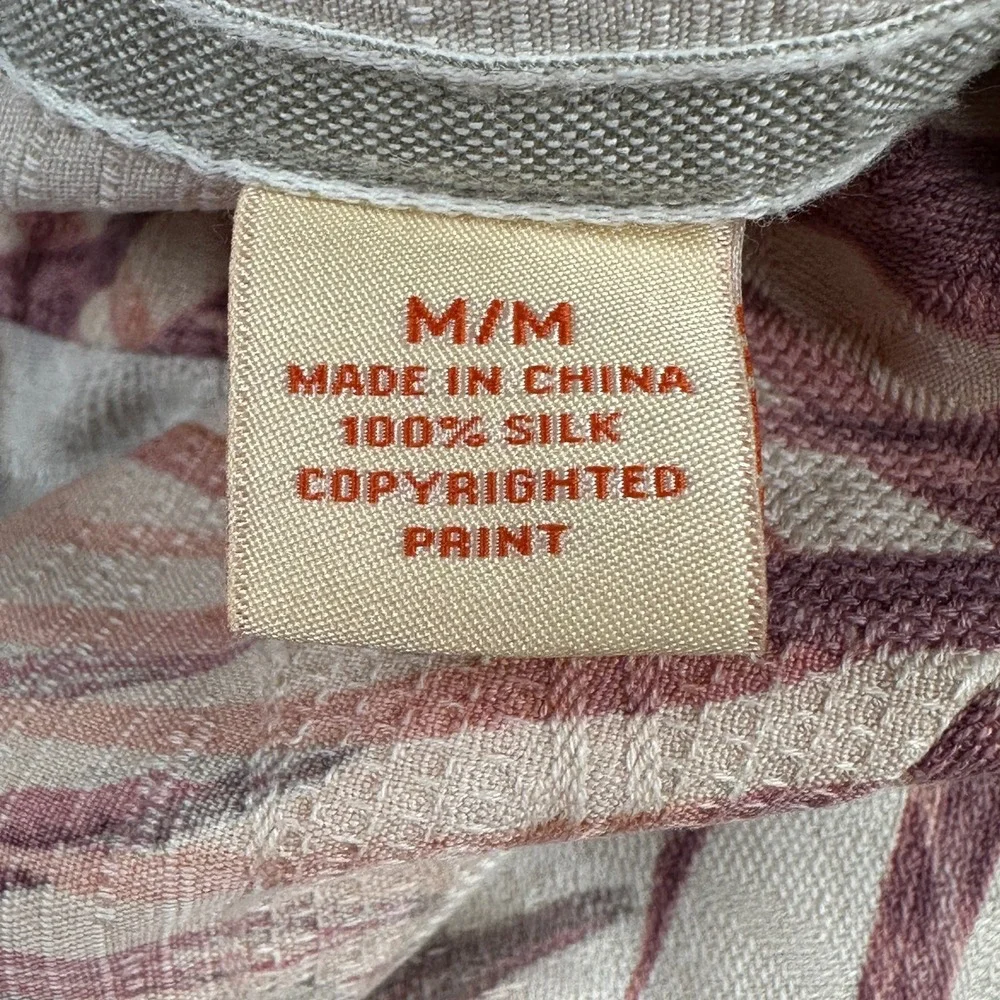 Tommy Bahama Silk Shirt Mens Medium Tan Palm Print Tropical Camp Aloha Button Up
